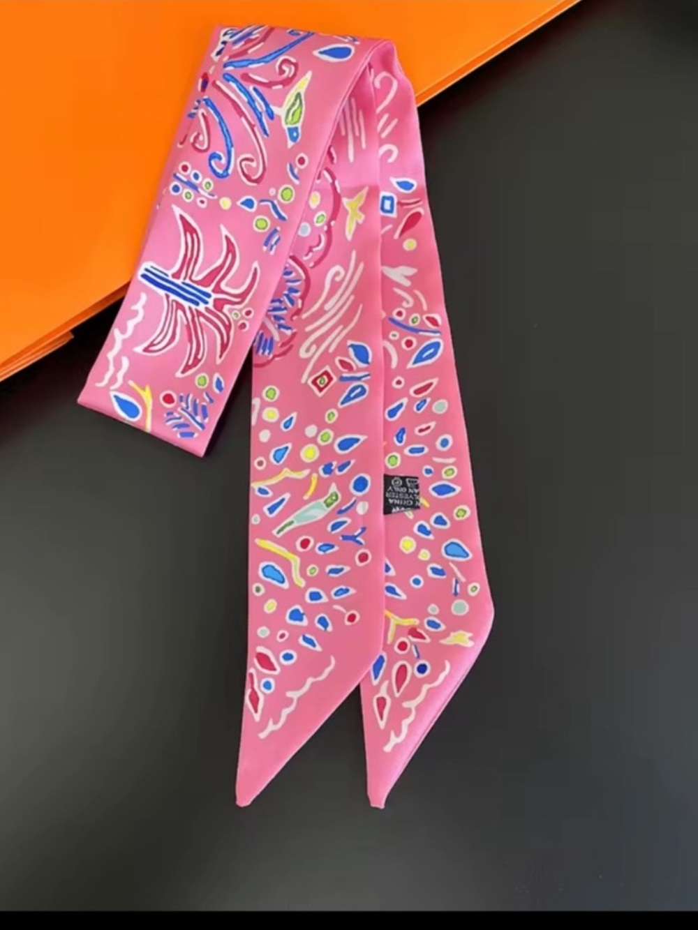 Pink Patterned Silk Twilly Scarf - Brand Unknown